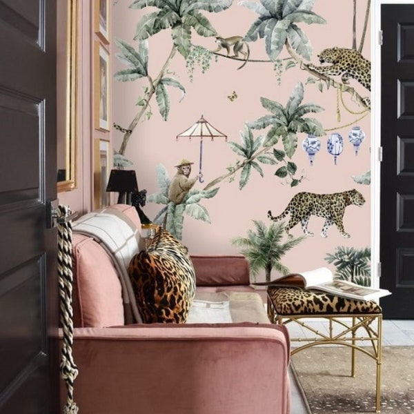 Cheetah Peel and Stick Wallpaper, Cheetah and Monkey Wallpaper, Pink Chinoiserie Wallpaper, Jungle Wall Mural, Palm Tree Mural, Botanical
