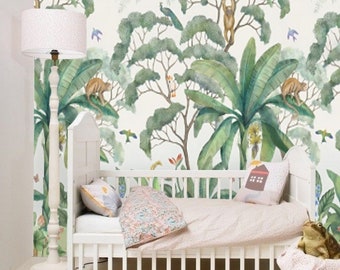 Baby Boy Nursery Jungle Wallpaper, Peel and Stick Mural Remove Wallpaper, Banana Leaf Wallpaper Removable Kids Room Wallpaper Animals #56