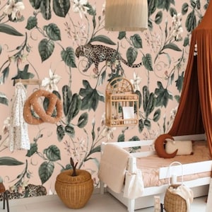 Vintage Leopard Muster Tapete, Tapete Grüne Blätter Wandbild Wandbild Kinderzimmer Dschungel Abziehbild, Tapete Botanische Blumen Vintage #68