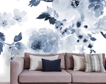 Blue and White Floral Wallpaper, Removable Peel and Stick Prepasted, Preppy Aesthetic Decor, Watercolor Peony Wallpaper for Dining Room