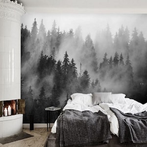Black and White Forest Wallpaper Mural, Misty Forest Wallpaper Wall Mural, Foggy Forest Wallpaper Tree Wall Sticker Nursery Decor #64