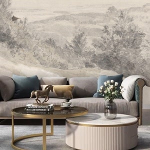 Papier peint vintage paysage paisible gris, préencollé, amovible, décoration subtile, décoration murale panoramique pour salon moderne