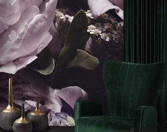 Mural de papel tapiz de peonía morado oscuro, extraíble, despegable y pegado, decoración contemporánea de gran tamaño, papel tapiz floral con un toque melancólico para el recibidor.