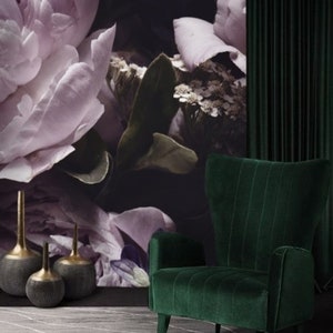 Purple Peonies Wallpaper Mural: Dark Floral Peel and Stick Wallpaper