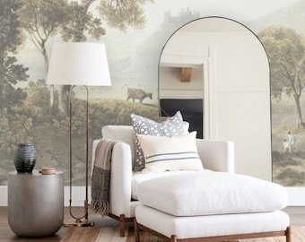Muted Pastoral Landscape Wallpaper Mural, Removable Peel and Stick Prepasted, Modern Farmhouse Decor, Countryside Wallpaper for Home Library