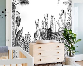 Kids Jungle Wallpaper Black and White, Nursery Safari Wallpaper Boho, Boy Nursery Wallpaper Mural, Kids Room Wallpaper Animal Forest #87