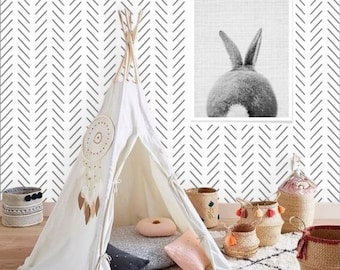 Delicaat visgraatbehang met visgraatmotief, verwijderbare peel and stick voorgelijmd, Scandinavisch decor, zwart-wit geometrisch behang voor speelkamer