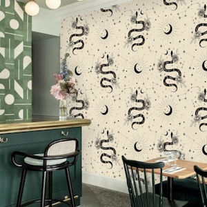 Snake Moon and Star Constellations Wallpaper Beige, Removable Peel and Stick Prepasted, Witchy Decor, Esoteric Wallpaper for Bookstore Cafe
