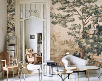 French Vintage Tapestry Mural, Antique Landscape Scenery Wallpaper, 17th C. Verdure with Birds and Pheasants among High Trees in Woodland