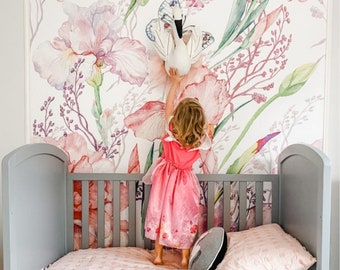 Dreamy Wall Floral Mural Wallpaper Floral Peel and Stick, Aquarelle Wallpaper Floral Papier peint amovible, Baby Girl Nursery Wall Art #77