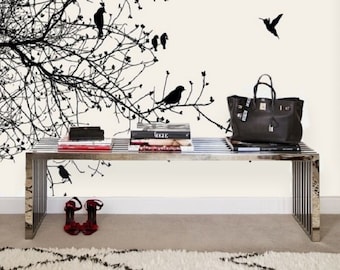 Black and White Birds Branch Wallpaper Mural, Removable Peel and Stick Prepasted, Minimalist Decor, Bare Tree Silhouette Wallpaper for Foyer