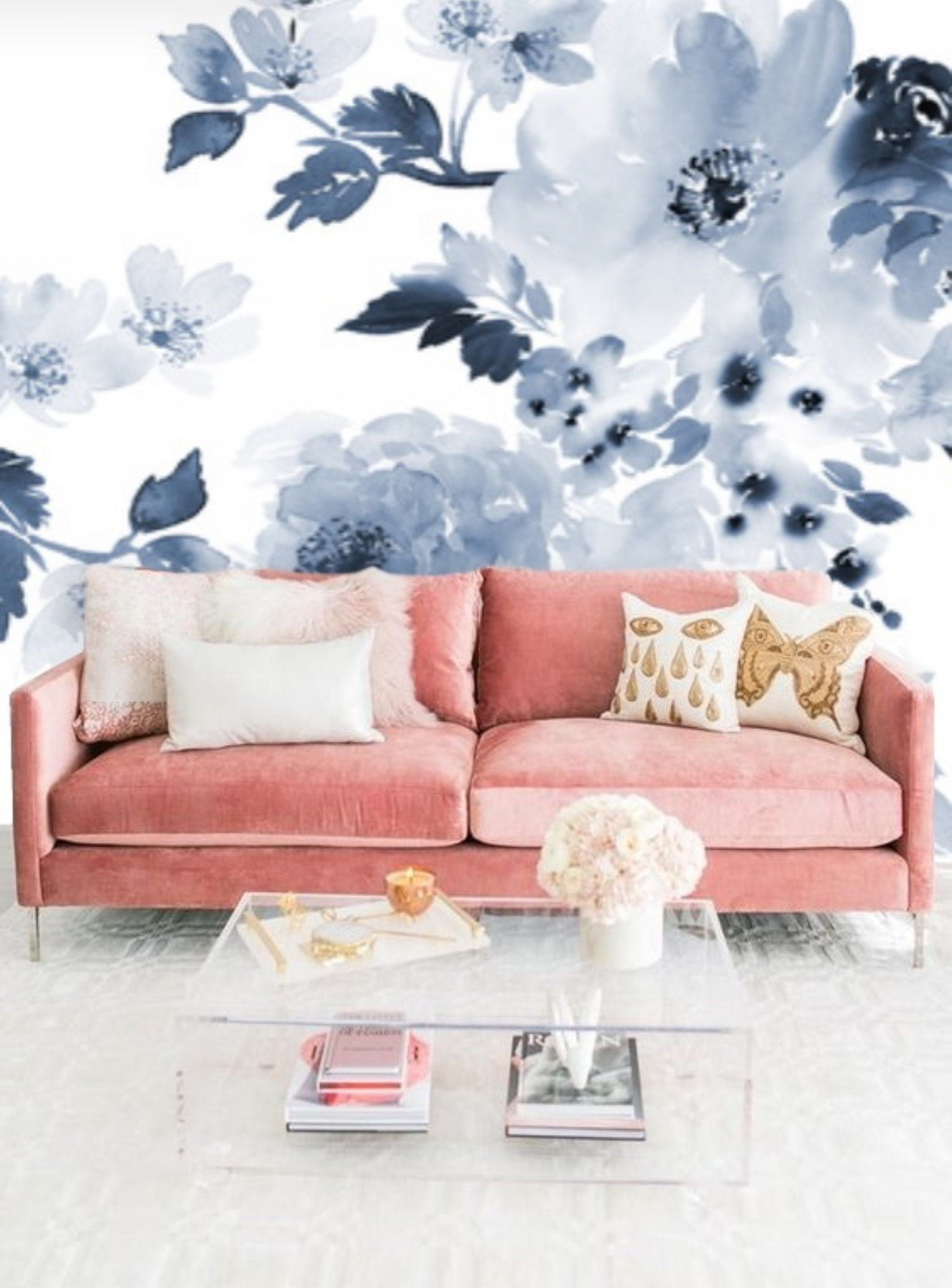 Light Blue Wallpaper Peel and Stick, Floral Mural Wallpaper Navy Blue