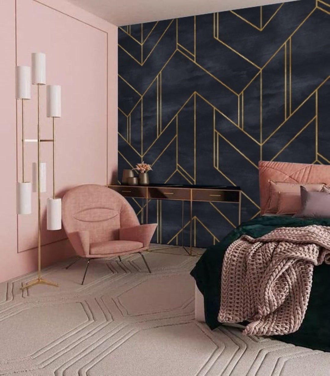 Dark Art Deco Wallpaper, Gold Lines Chevron Wallpaper, Navy Peel and