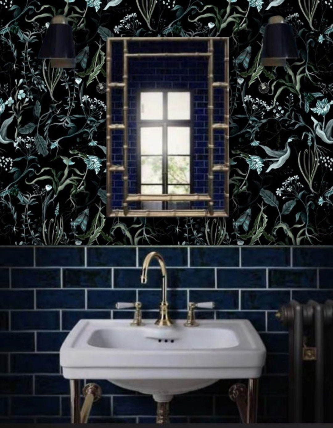 Black Botanical Wallpaper Dark Blue Wallpaper, Vintage Botanical Plants