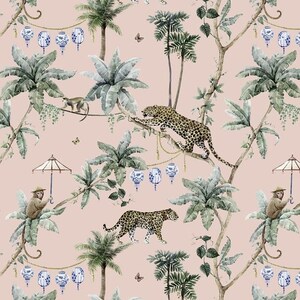 May include: A wallpaper pattern featuring a soft pink background with a repeating jungle motif. The design includes green palm trees, leopards, monkeys, small butterflies, and hanging blue and white patterned lanterns and umbrellas.