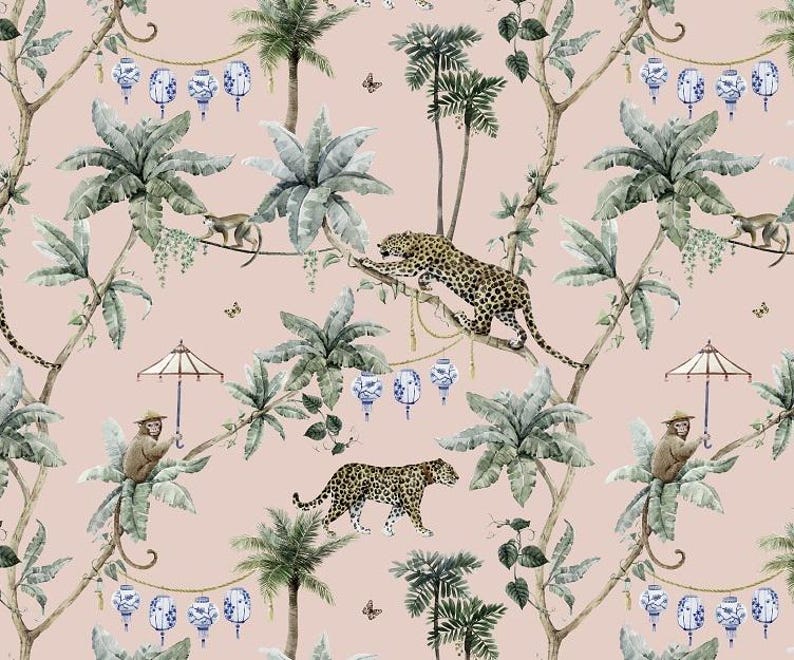 May include: A wallpaper pattern featuring a soft pink background with a repeating jungle motif. The design includes green palm trees, leopards, monkeys, small butterflies, and hanging blue and white patterned lanterns and umbrellas.