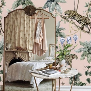 Monkey and Cheetah Jungle Wallpaper Pink Background Peel and Stick Wallpaper Mural on Etsy