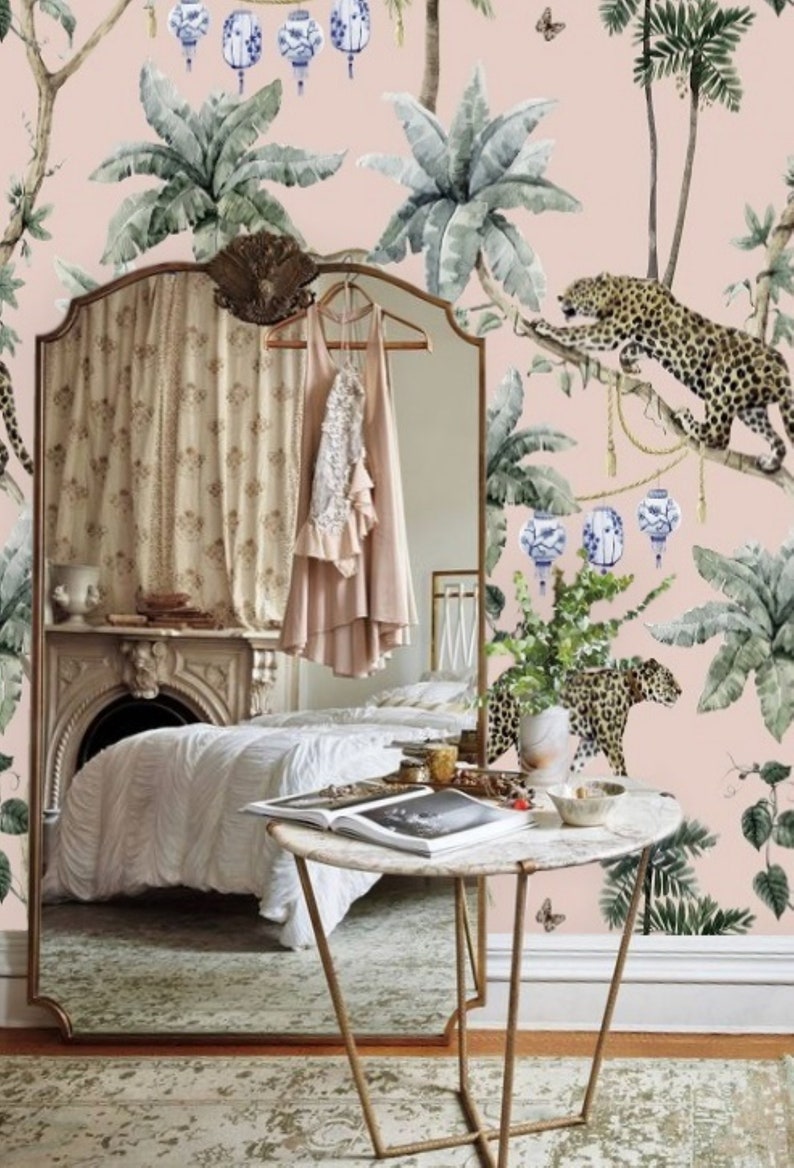 Monkey and Cheetah Jungle Wallpaper Pink Background Peel and Stick Wallpaper Mural on Etsy