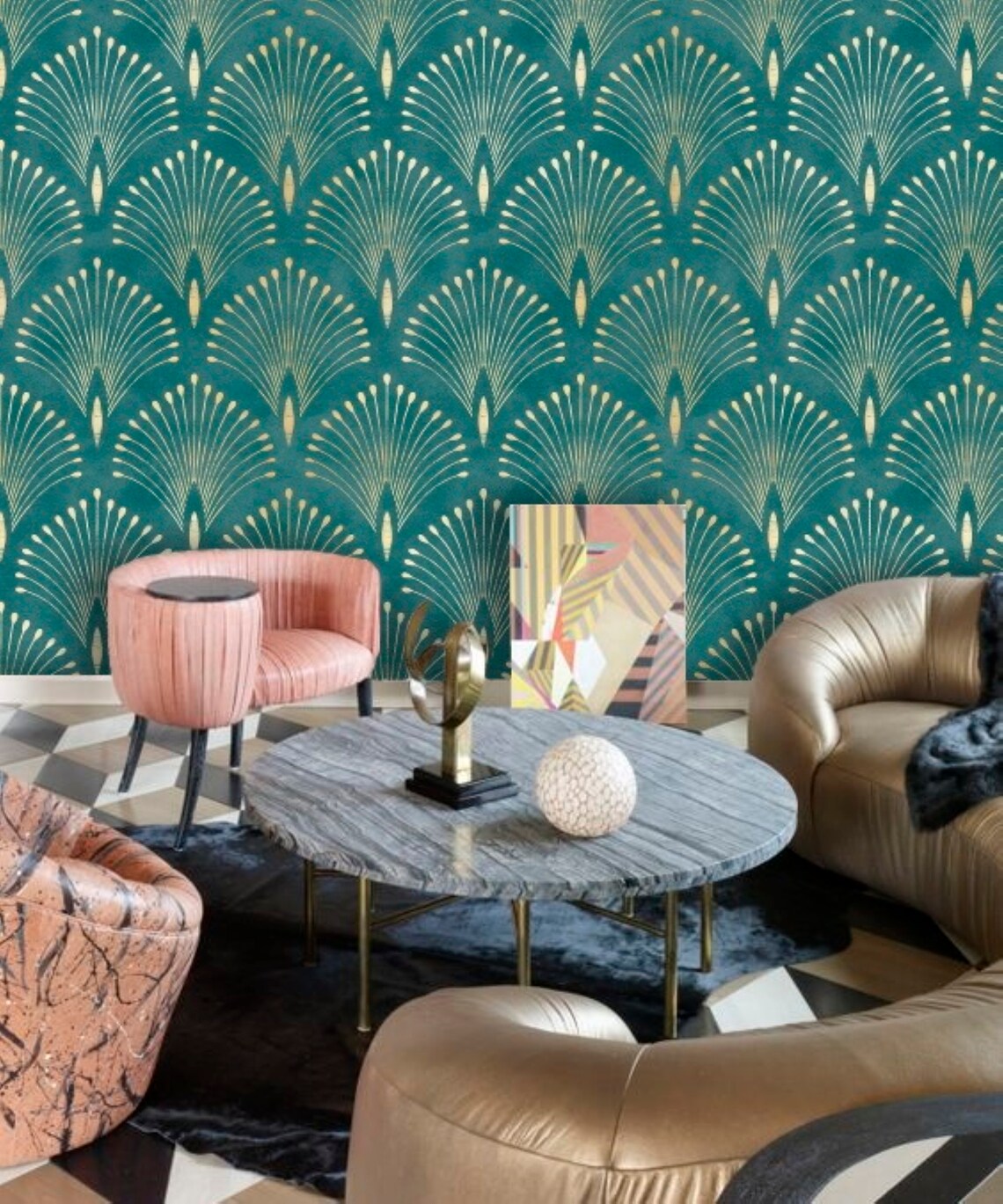 Blue Gold Art Deco Wallpaper Peel and Stick Modern Design Wallpaper