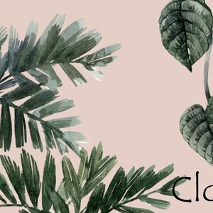 May include: A watercolor illustration on a pale pink background featuring a dark green palm tree on the left and a climbing vine with heart-shaped leaves on the right. The text "Close up" is printed in black in the bottom right corner.