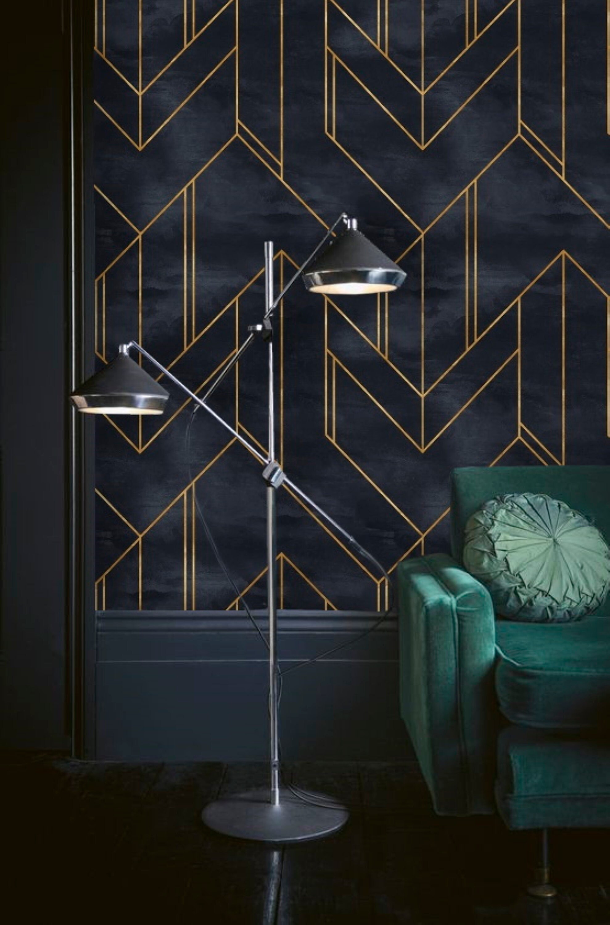 Dark Art Deco Wallpaper, Gold Lines Chevron Wallpaper, Navy Peel and