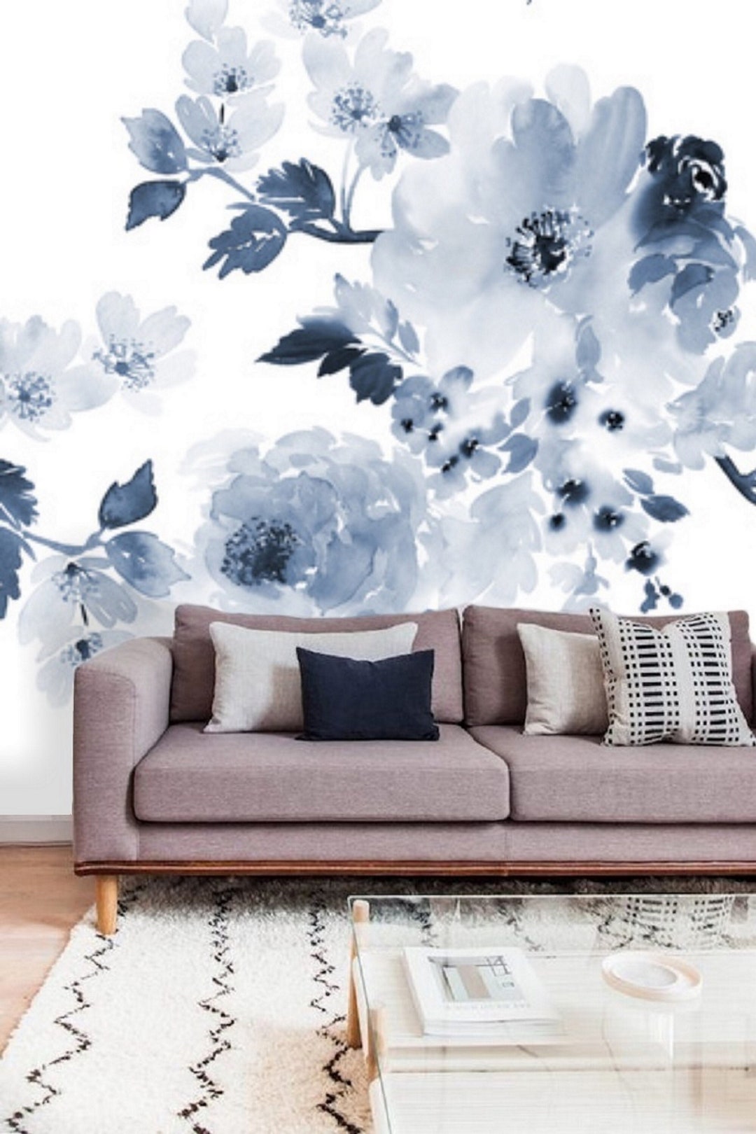 Light Blue Wallpaper Peel and Stick, Floral Mural Wallpaper Navy Blue