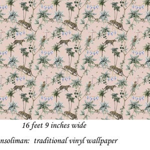 May include: A traditional vinyl wallpaper featuring a repeating pattern of leopards, monkeys, and palm trees on a light pink background. The text indicates the dimensions are 9 feet 6 inches high and 16 feet 9 inches wide for nadeensoliman.