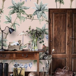 Monkey and Cheetah Jungle Wallpaper Pink Background Peel and Stick Wallpaper Mural on Etsy
