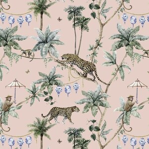 May include: Wallpaper featuring a repeating pattern on a pale pink background. The design includes green palm trees, leopards, monkeys, and blue and white patterned lanterns hanging from ropes, along with small umbrellas and butterflies.