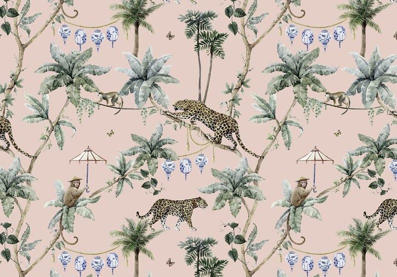 May include: Wallpaper featuring a repeating pattern on a pale pink background. The design includes green palm trees, leopards, monkeys, and blue and white patterned lanterns hanging from ropes, along with small umbrellas and butterflies.