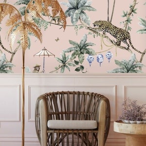 Monkey and Cheetah Jungle Wallpaper Pink Background Peel and Stick Wallpaper Mural on Etsy