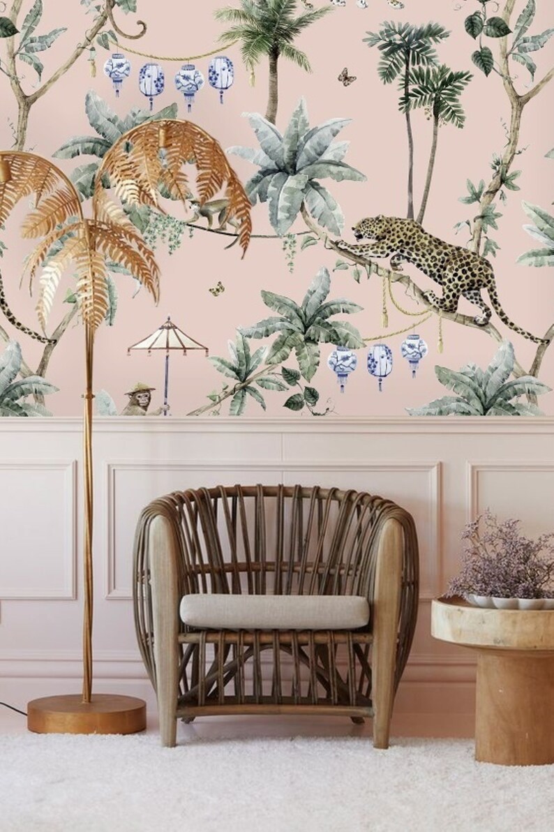 Monkey and Cheetah Jungle Wallpaper Pink Background Peel and Stick Wallpaper Mural on Etsy