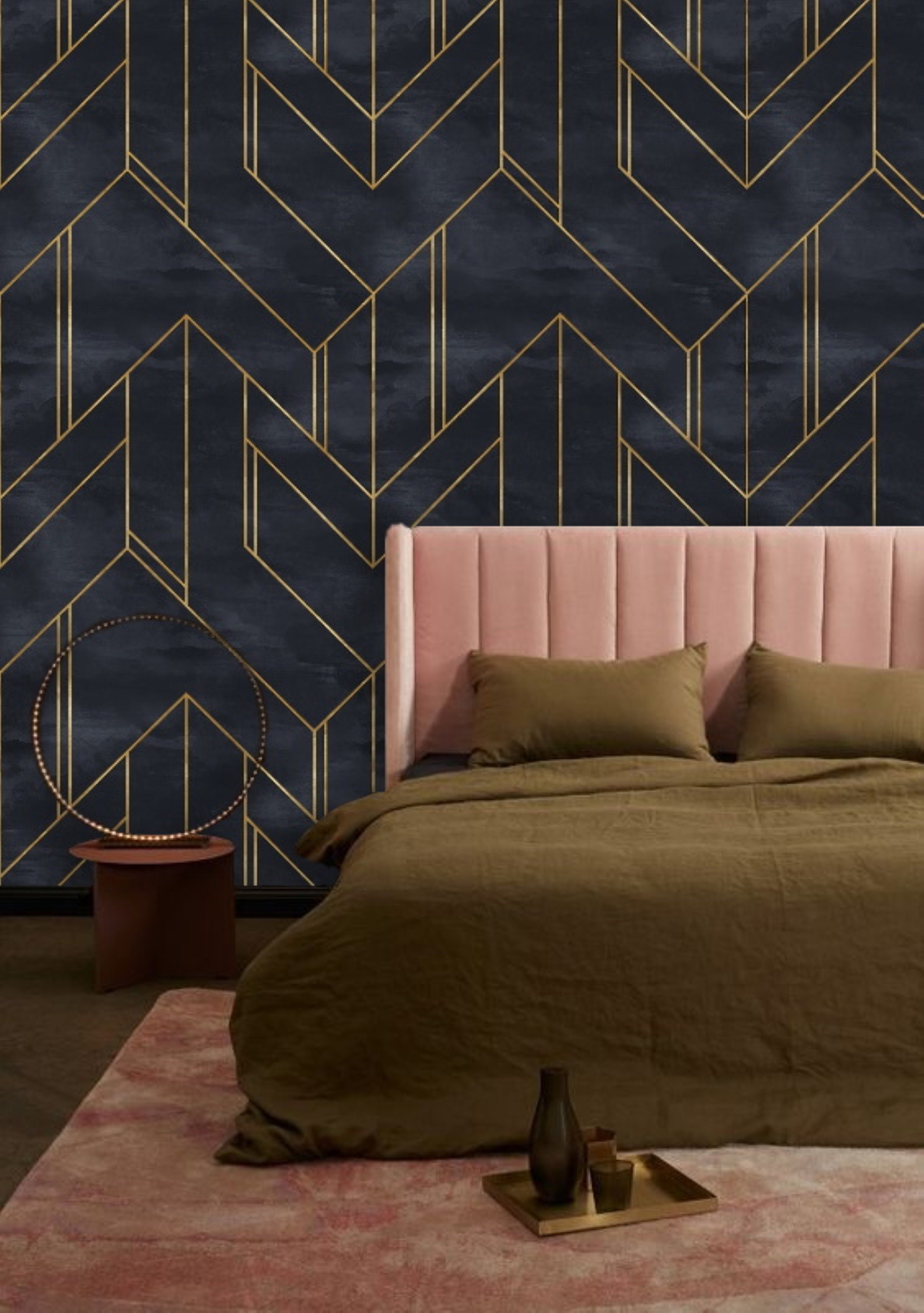Dark Art Deco Wallpaper, Gold Lines Chevron Wallpaper, Navy Peel and