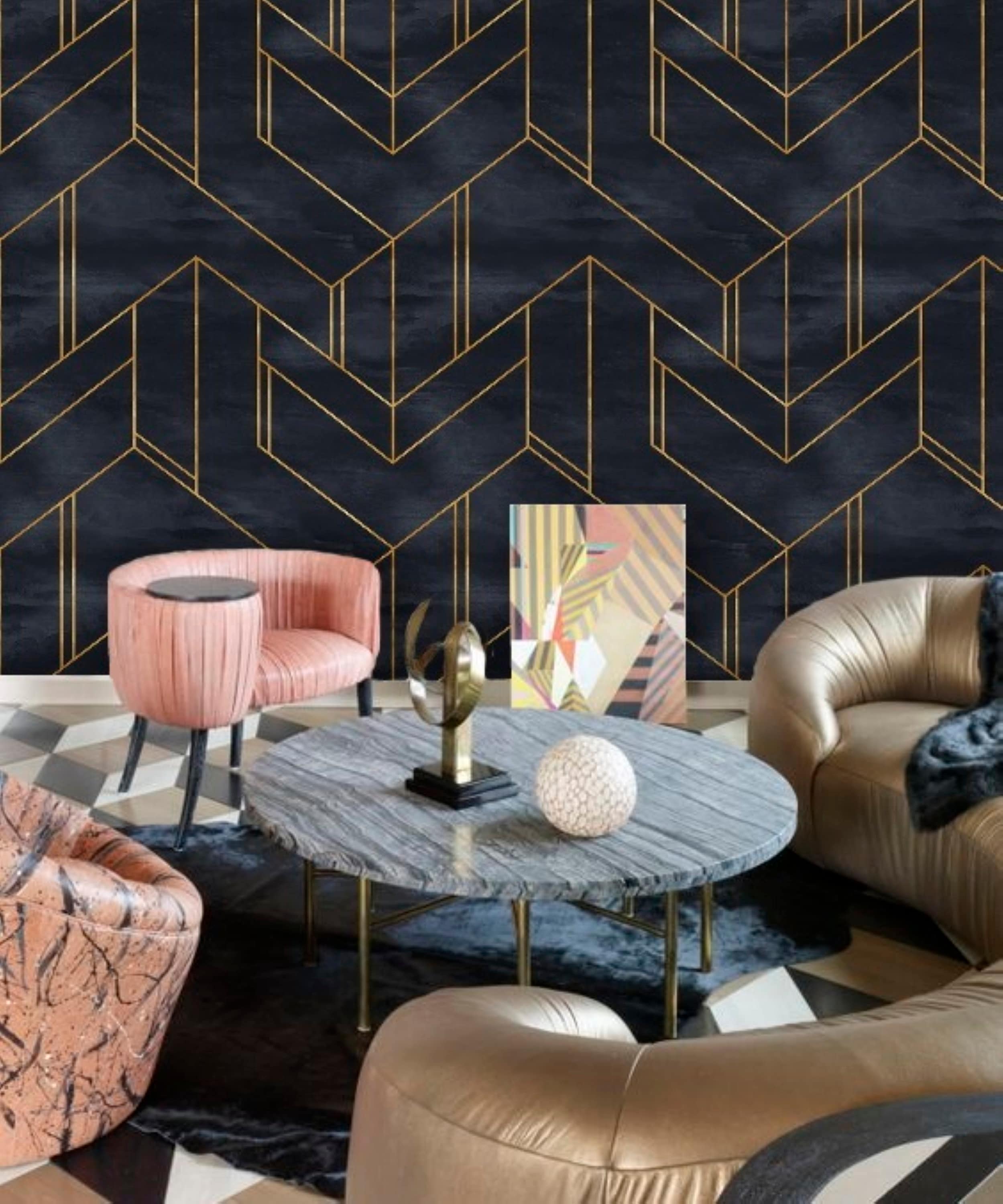Dark Art Deco Wallpaper, Gold Lines Chevron Wallpaper, Navy Peel and