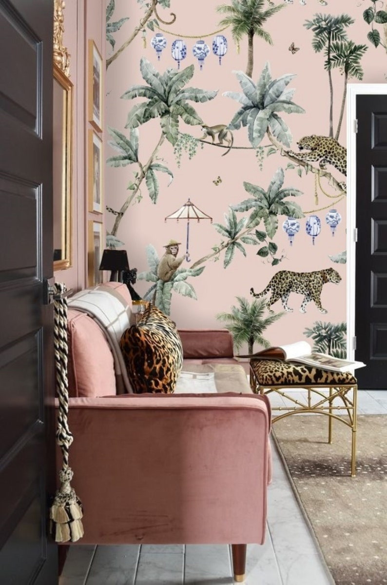 Monkey and Cheetah Jungle Wallpaper Pink Background Peel and Stick Wallpaper Mural on Etsy