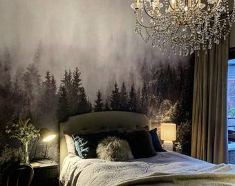 Green Misty Forest Wallpaper Mural, Removable Peel and Stick Prepasted, Scandinavian Decor, Woodland Landscape Wallpaper for Earthy Bedroom