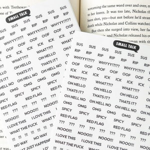 May include: A sheet of stickers with various phrases and sayings, including "SUS", "RIP", "WHYYY!?!??", "NOOO!!!", "I LOVE THIS", "WHAT THE FUCK", "NO WAY", "THAT JUST HAPPENED", "LOL", "FUCK YES", "I KNEW IT", and more.