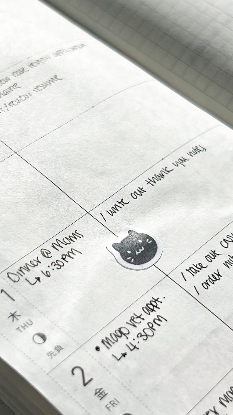 May include: A weekly planner with handwritten appointments for Thursday and Friday. The appointments include "Dinner @ Moms 6:30PM", "Mago Vet Appt. 4:30PM", "Write out thank you notes", and "Take out Chinese, order mix"