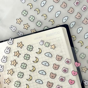 Foglio di adesivi kawaii con animali pastello - Decorazioni carine per planner, diario e album - Set di adesivi con luna, stella, coniglio e orso