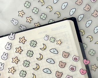 Kawaii Pastel Animal Sticker Sheet - Cute Planner, Journal, & Scrapbook Decor - Moon, Star, Bunny, Bear Sticker Set