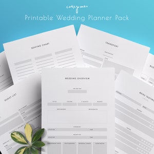 May include: Printable wedding planner pack with pages for seating chart, guest list, decor, budget, menu tasting, transport, and wedding overview. The pages are white with gray text and lines.