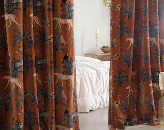 Luxuriöser brauner Dschungel-Druck-Baumwollsamtvorhang, Boho-Dekorvorhang, Vintage-Stil-Druckvorhänge, extragroße benutzerdefinierte Vorhänge drapiert Panel