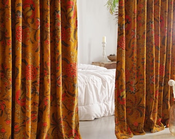 Luxus-Gold Blumendruck Baumwolle Samt Vorhang, Boho Vorhang, Housewarming Geschenk Buntes Dekor, extra große benutzerdefinierte Vorhänge drapiert Panel