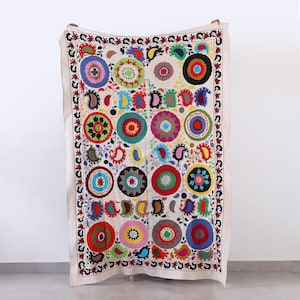 Hand Embroidered Indian Suzani Throw Bedspread Tapestry, Sofa Couch Throw Cover, Colourful Uzbek Embroidery Floral Art Wall Hanging Twin