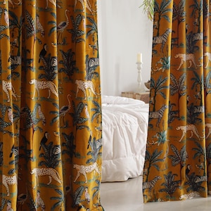Luxury Gold Jungle Print Cotton Velvet Curtain, Boho Decor Curtain, Vintage Style Print Curtains , Extra Large Custom Curtains Drapes Panel