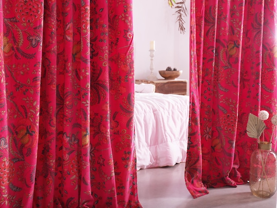 Hot Pink Floral Print Cotton Velvet Curtain, Boho Curtain, Luxury Drapes, Housewarming Gift Custom Size Curtain, Extra Large Window Curtains