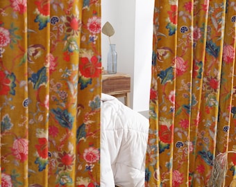Luxury Gold Jungle Print Cotton Velvet Curtain, Boho Decor Curtain, Vintage Style Print Curtains , Extra Large Custom Curtains Drapes Panel