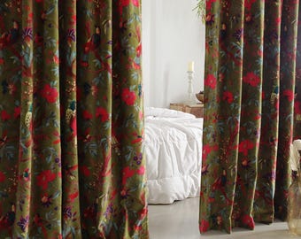 Moosgrün Vogel Print Baumwolle Samt Vorhang, Boho Vorhang, Luxus drapiert, Housewarming Geschenk, buntes Dekor, extra große benutzerdefinierte Vorhänge neu
