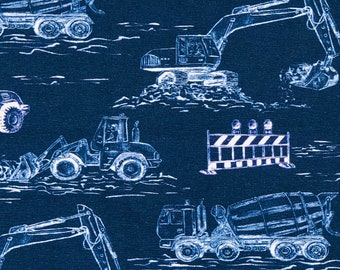 Oeko-Tex cotton jersey 145 cm wide // Construction site vehicles in dark blue, blue