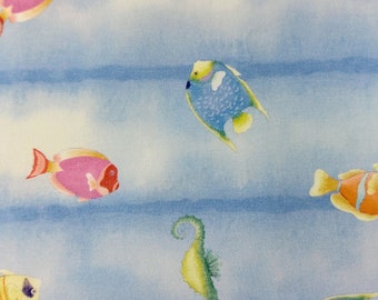 Cotton jersey colorful fish and seahorses on a light blue background 145 cm wide Oeko-Tex